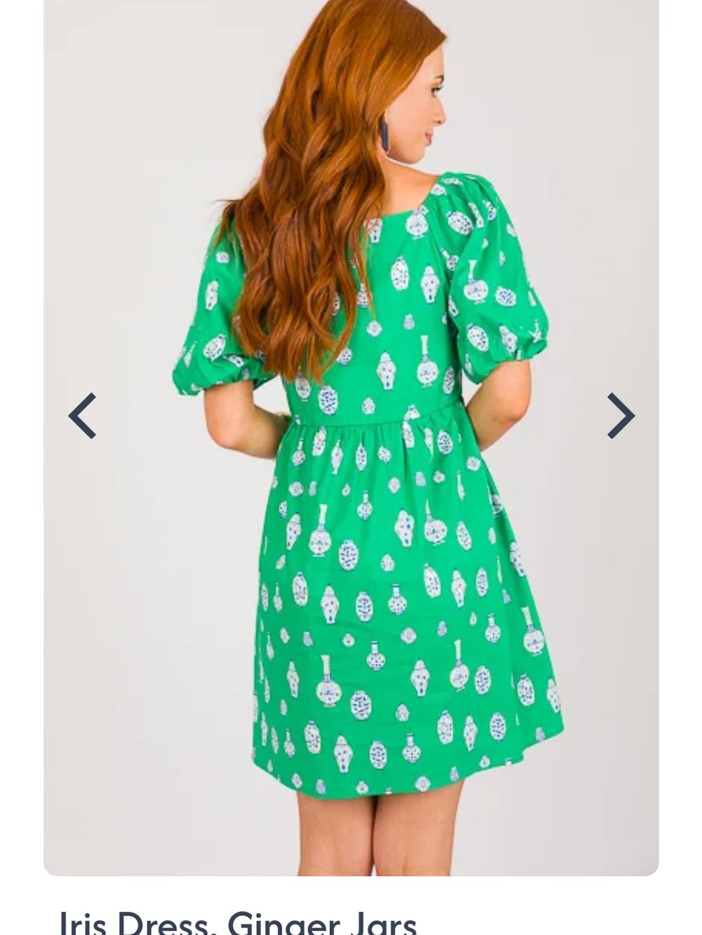 Green Puff Sleeve Mini Dress with White Ginger Jar Print - Picture 2 of 5